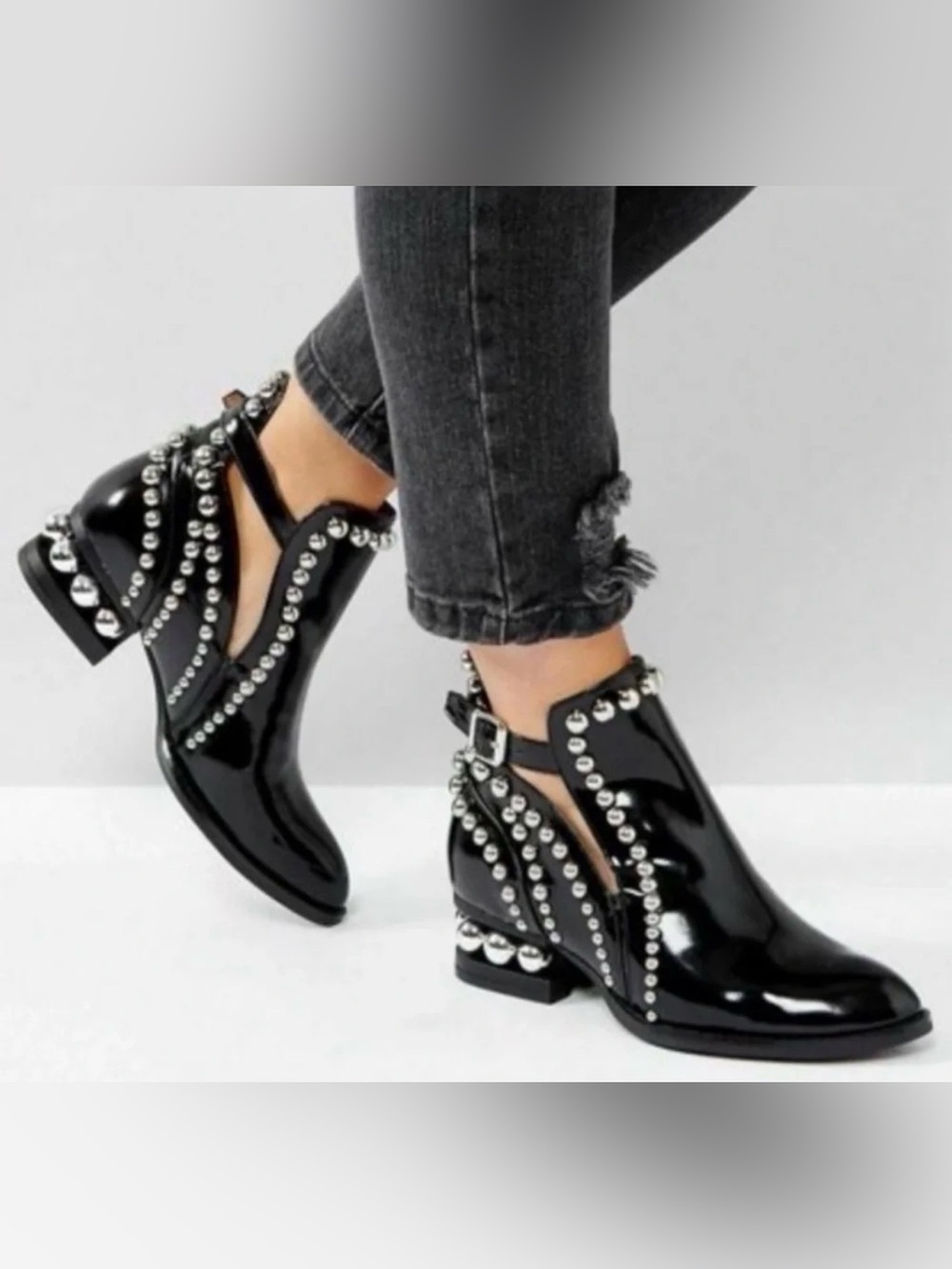 Jeffrey Campbell Black Patent Studded Cutout Ankle Boots